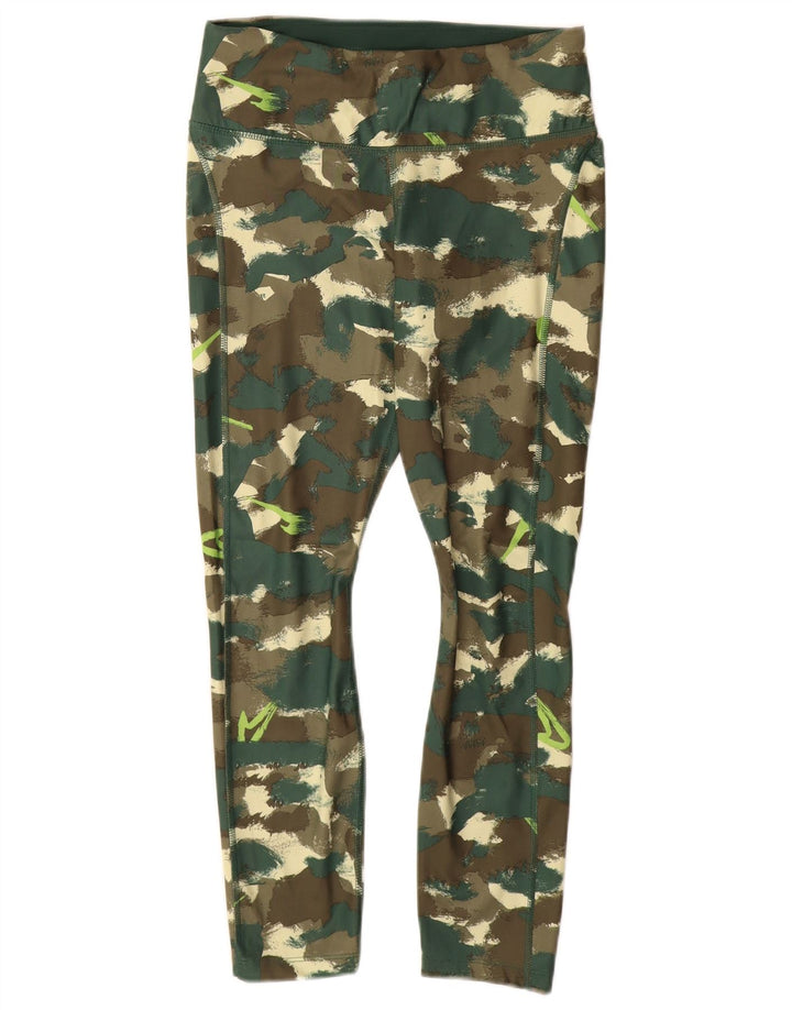 NIKE Womens Dri Fit Leggings UK 12 Medium Green Camouflage Polyester