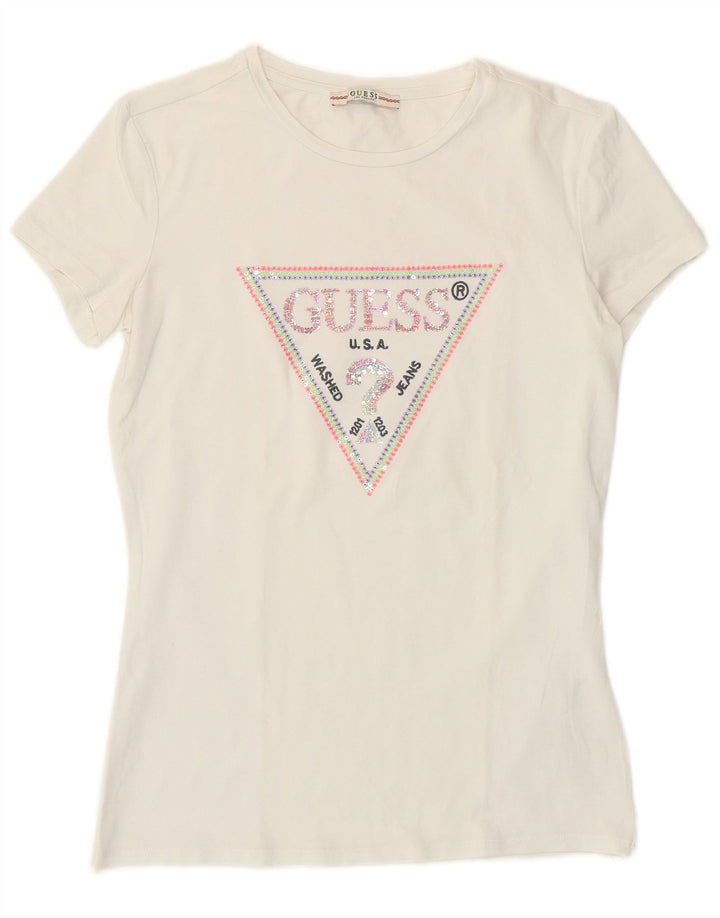 Guess Womens Graphic T-Shirt Top UK 12 Medium White Cotton