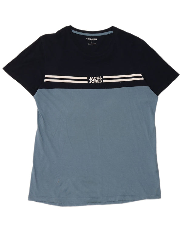 Jack & Jones Mens Graphic T-Shirt Top Large Navy Blue Colourblock Cotton