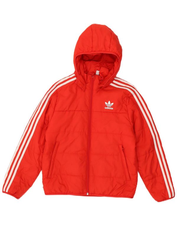 ADIDAS Boys Hooded Padded Jacket 11-12 Years Red Polyester