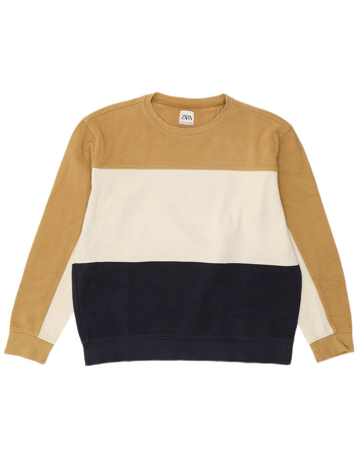 Zara Mens Sweatshirt Jumper Large Beige Colourblock Cotton