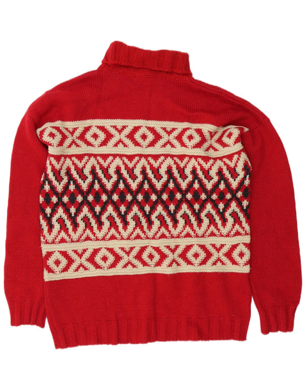Vintage Mens Roll Neck Jumper Sweater Medium Red Fair Isle