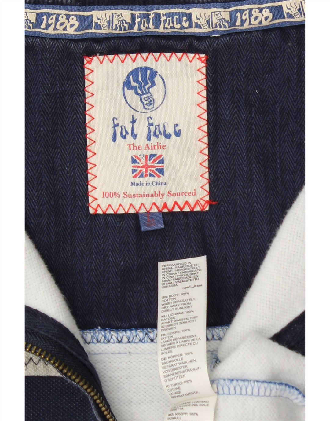 FAT FACE Mens Zip Neck Sweatshirt Jumper Large Blue Colourblock Cotton