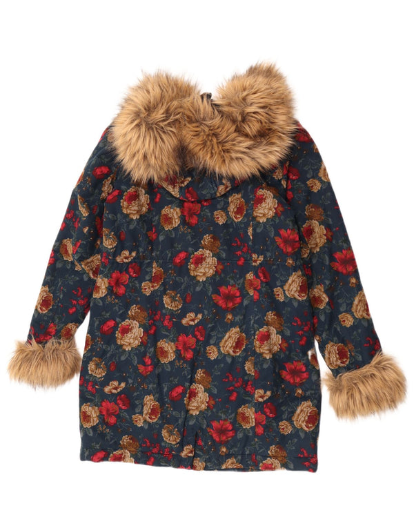 Joe Browns Womens Hooded Parka Jacket UK 10 Small Blue Floral Cotton