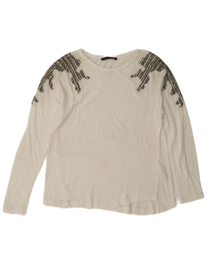 Zara Womens Top Long Sleeve UK 10 Small White Cotton