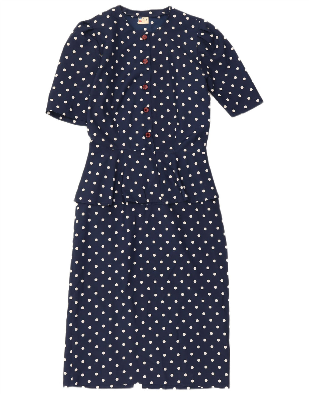 Vintage Womens Peplum Dress IT 42 Medium Navy Blue Polka Dot Polyester