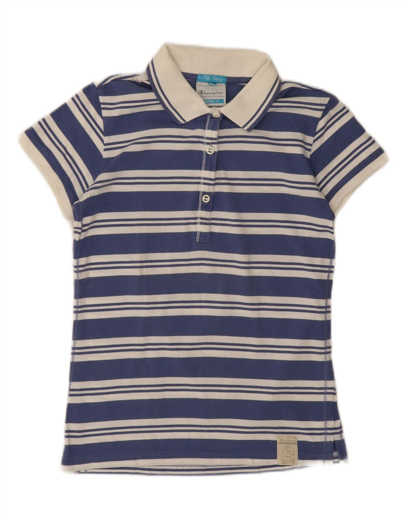 CHAMPION Womens Heritage Fit Polo Shirt UK 10 Small Navy Blue Striped Vintage Champion and Second-Hand Champion from Messina Hembry 
