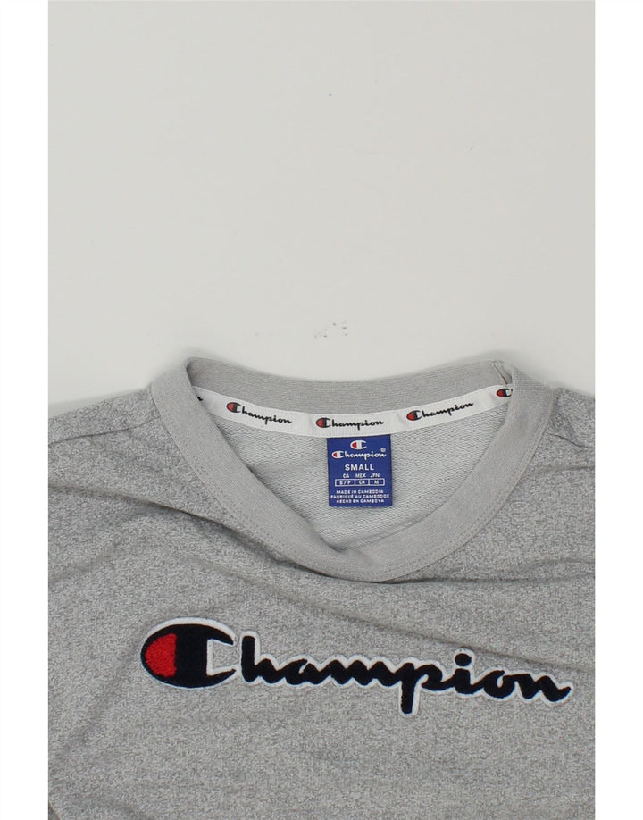 CHAMPION Womens Oversized Crop Graphic Sweatshirt Jumper UK 10 Small Grey Vintage Champion and Second-Hand Champion from Messina Hembry 