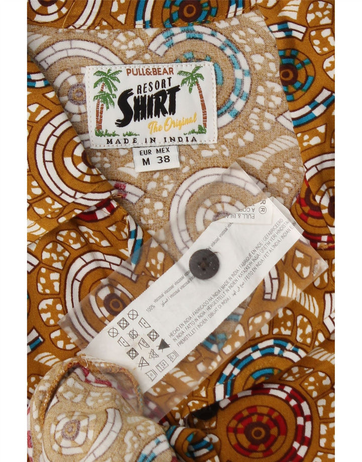 Pull & Bear Mens Short Sleeve Shirt Medium Beige Geometric Viscose
