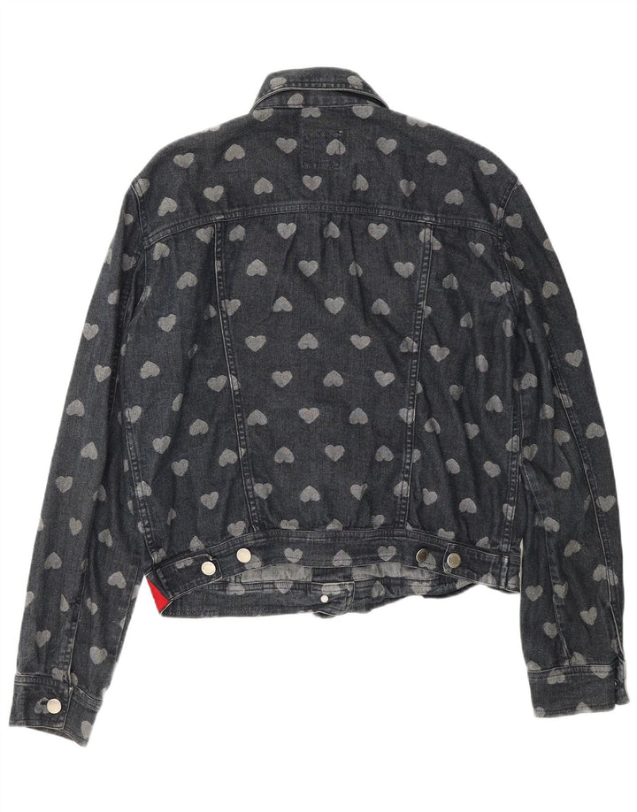 Moschino Womens Patterned Denim Jacket UK 12 Medium Navy Blue Cotton Heart