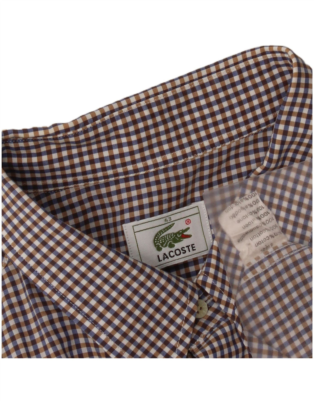 Lacoste Mens Short Sleeve Shirt Size 43 XL Navy Blue Gingham Cotton