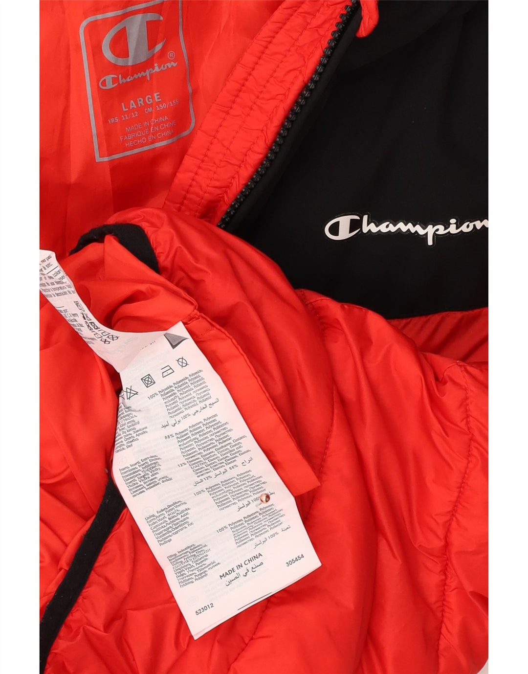 CHAMPION Boys Hooded Padded Jacket 11-12 Years Large  Red Colourblock