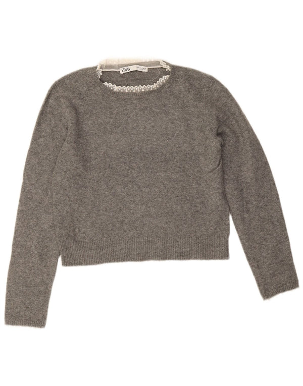 Zara Womens Crop Crew Neck Jumper Sweater UK 14 Medium Grey