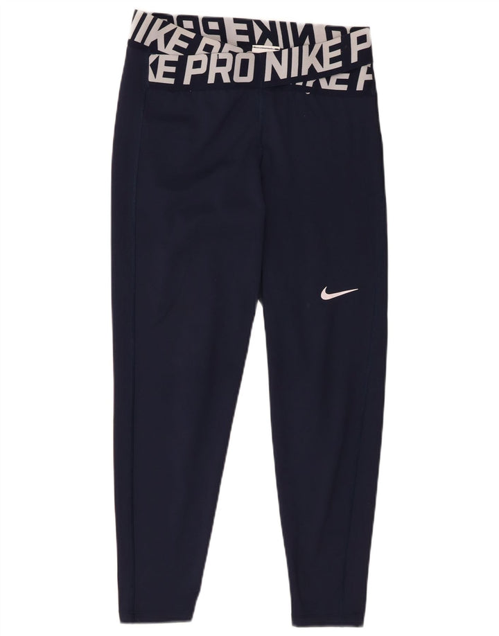 Nike Womens Dri Fit Graphic Leggings UK 14 Medium Navy Blue Polyester