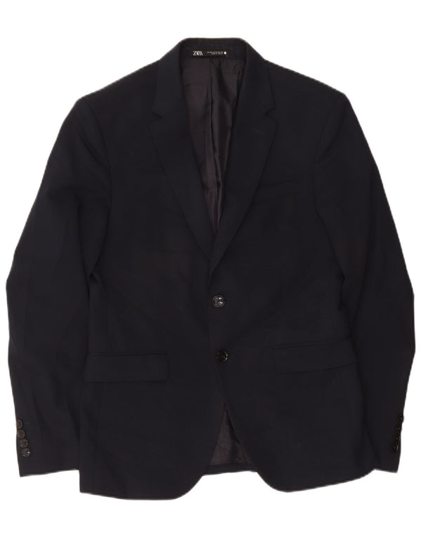 Zara Mens 2 Button Blazer Jacket EU 46 Small Navy Blue Polyester