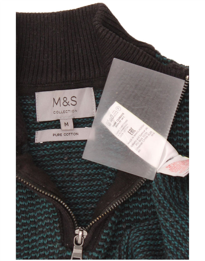 Marks & Spencer Mens Zip Neck Jumper Sweater Medium Green Striped Cotton