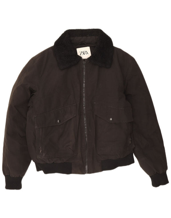 Zara Mens Padded Bomber Jacket UK 40 Large Black Polyester