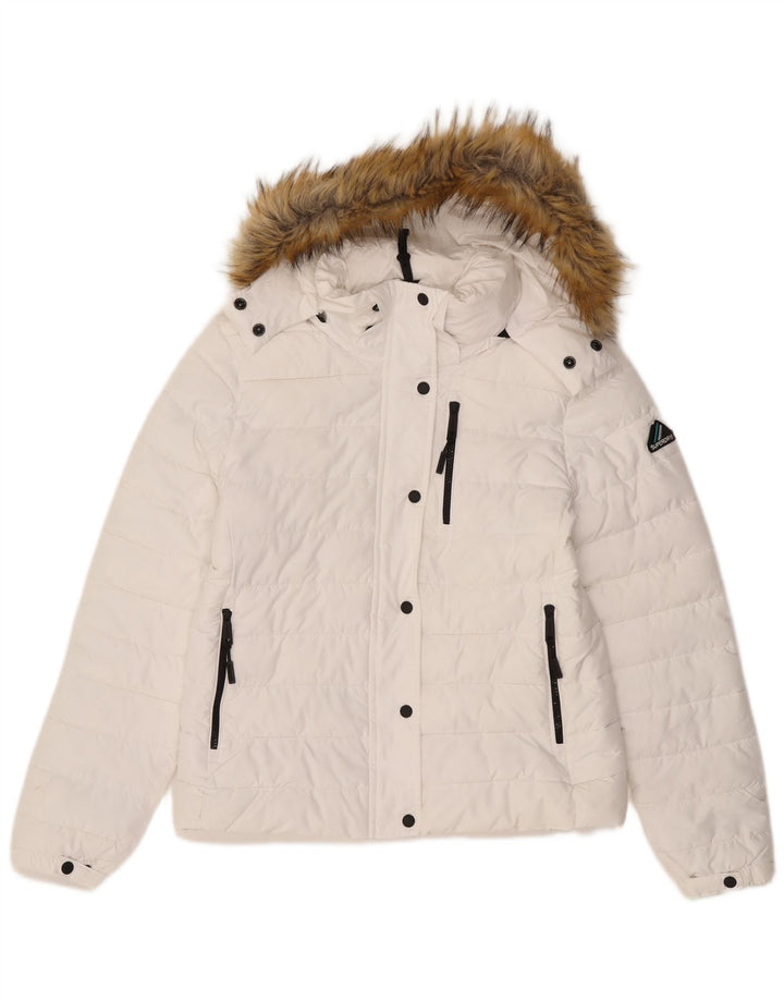 SUPERDRY Womens Hooded Padded Jacket UK 14 Medium White Polyester