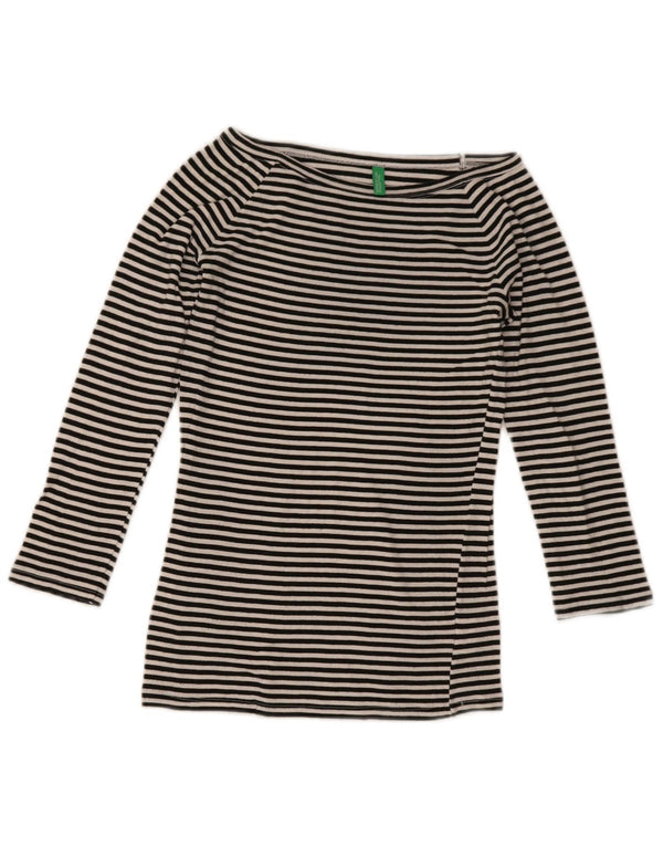 Benetton Womens Top 3/4 Sleeve UK 8 Small Black Striped Cotton