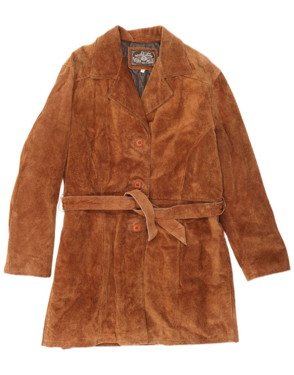 Vintage Womens Suede Overcoat IT 46 Large Brown Leather