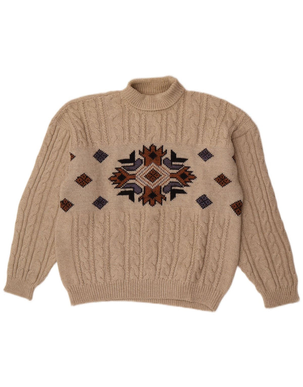 Vintage Mens Roll Neck Jumper Sweater Medium Beige Geometric
