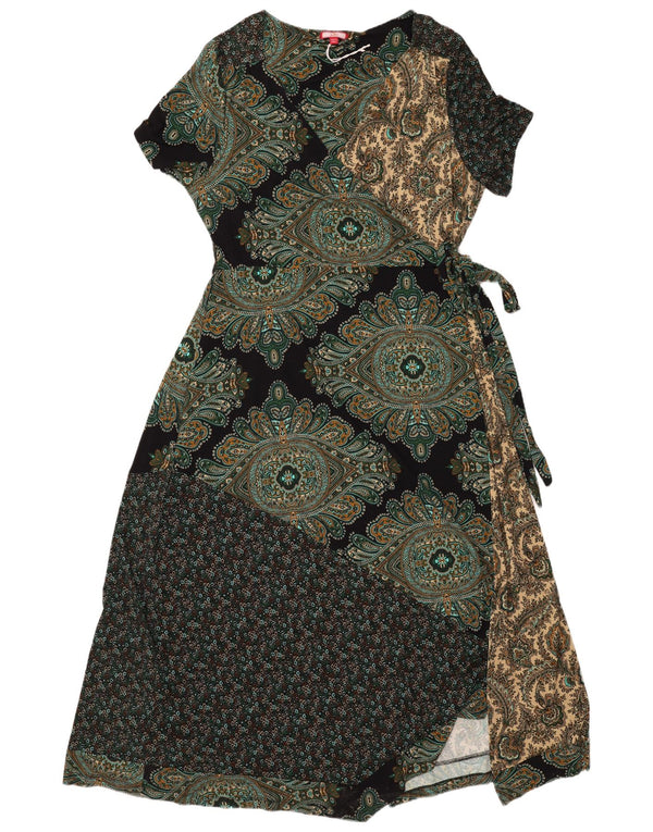 Vintage Womens Wrap Dress UK 20 2XL Green Patchwork Viscose Bohemian