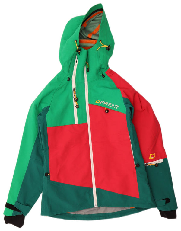 D'Frent Womens Graphic Hooded Rain Jacket UK 36 Small Green Colourblock