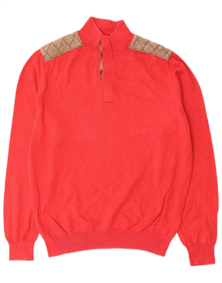 Massimo Dutti Mens Button Neck Jumper Sweater Large Red Colourblock Cotton