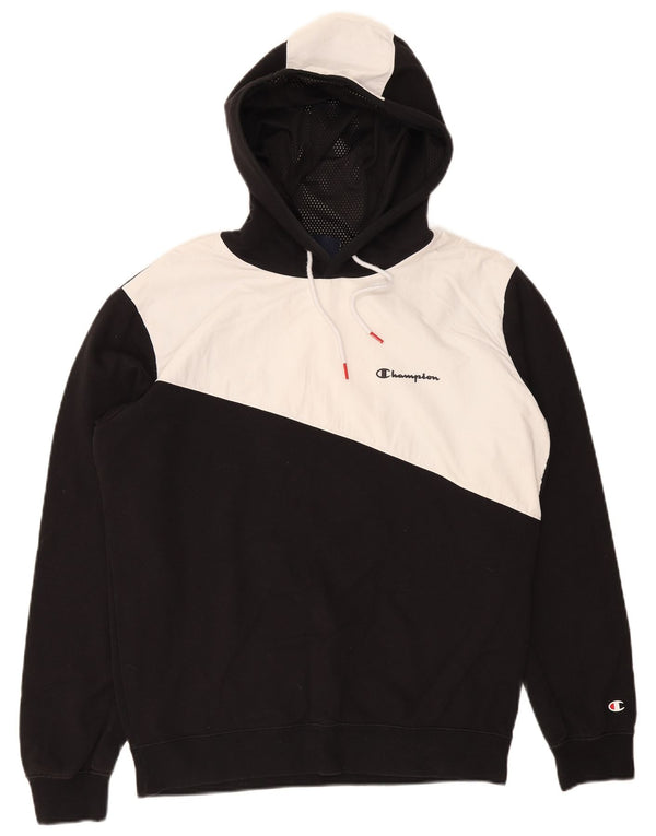 Champion Mens Graphic Hoodie Jumper Large Black Colourblock Cotton