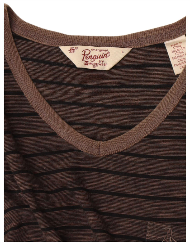 Penguin Mens T-Shirt Top Large Brown Striped