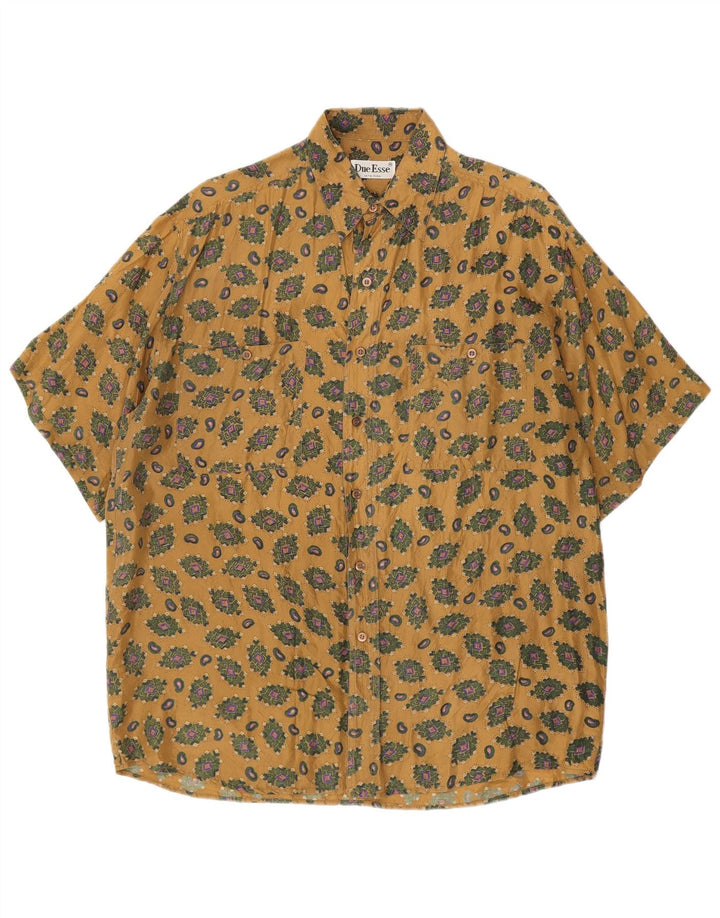 Vintage Mens Short Sleeve Shirt Medium Beige Geometric Silk