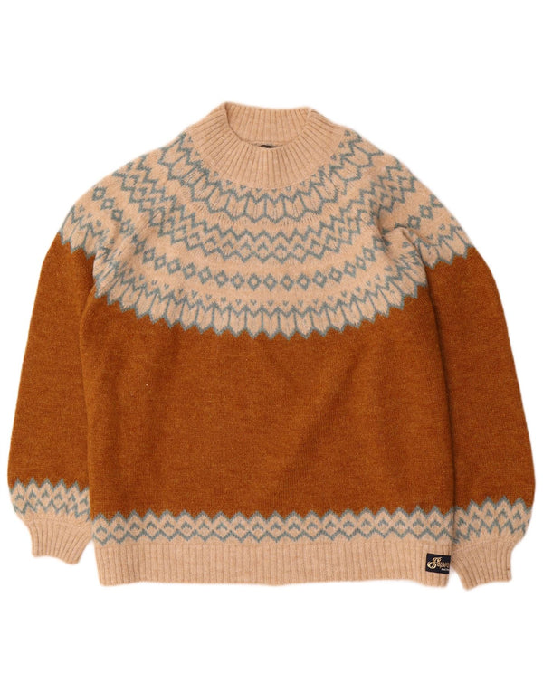 Superdry Womens Turtle Neck Jumper Sweater UK 14 Large Brown Fair Isle