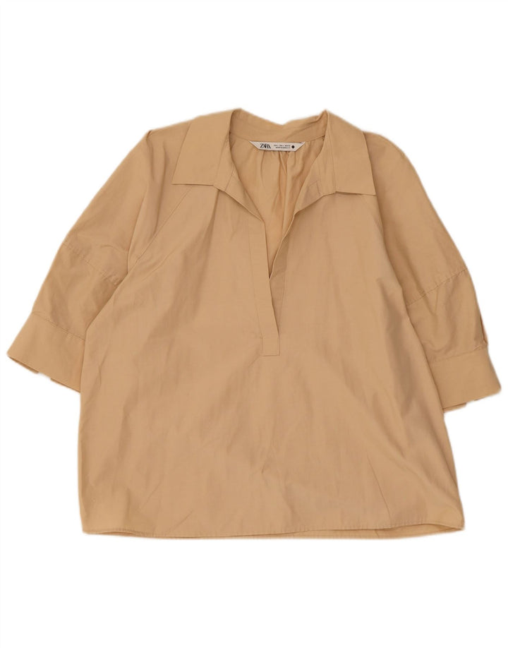 Zara Womens Blouse Top UK 16 Large Beige Cotton