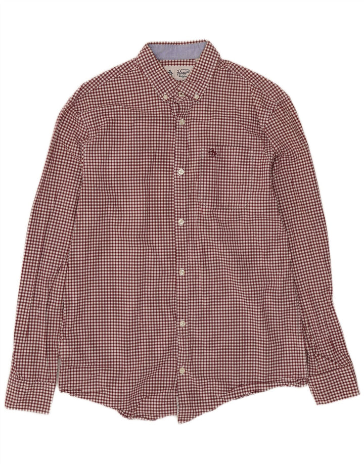 PENGUIN Mens Shirt Medium Maroon Gingham Cotton