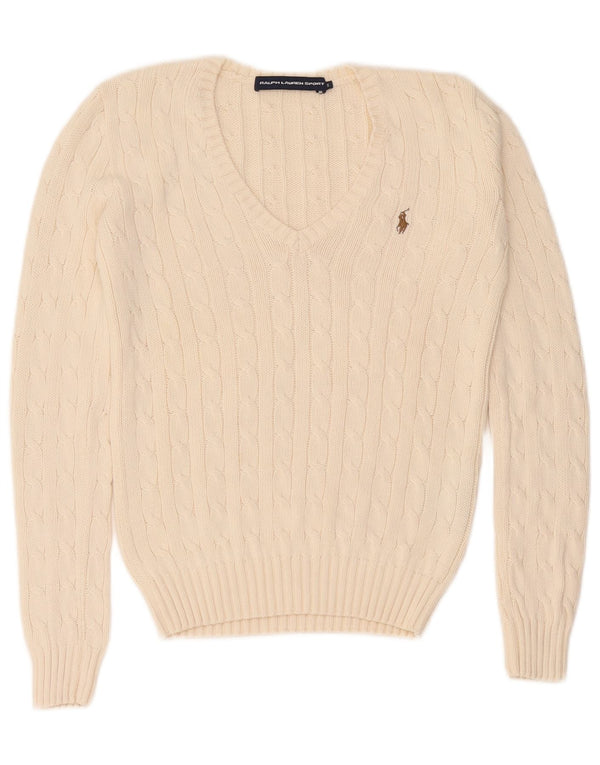 Ralph Lauren Womens V-Neck Jumper Sweater UK 10 Small Off White Cotton