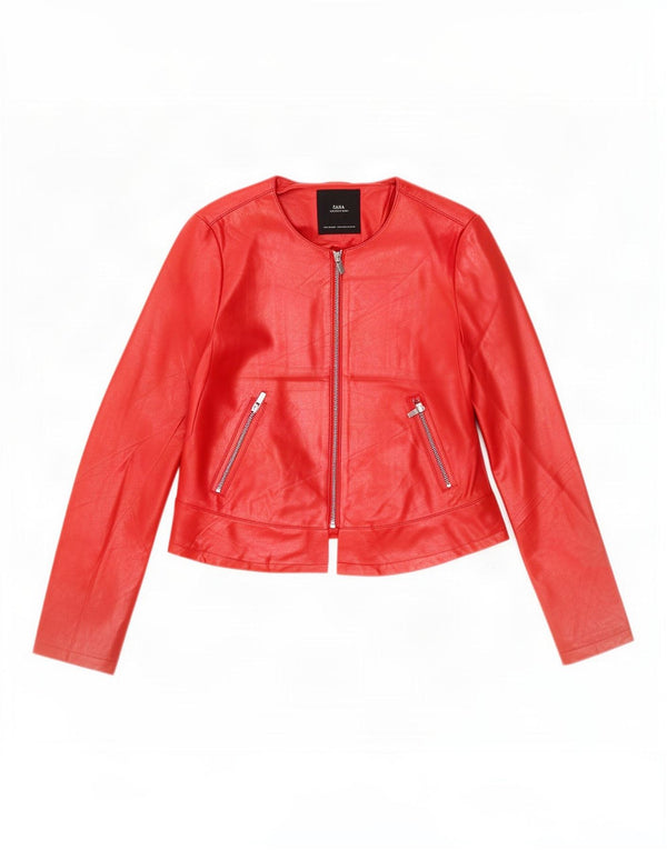 Zara Womens Crop Faux Leather Jacket UK 12 Medium Red Polyester