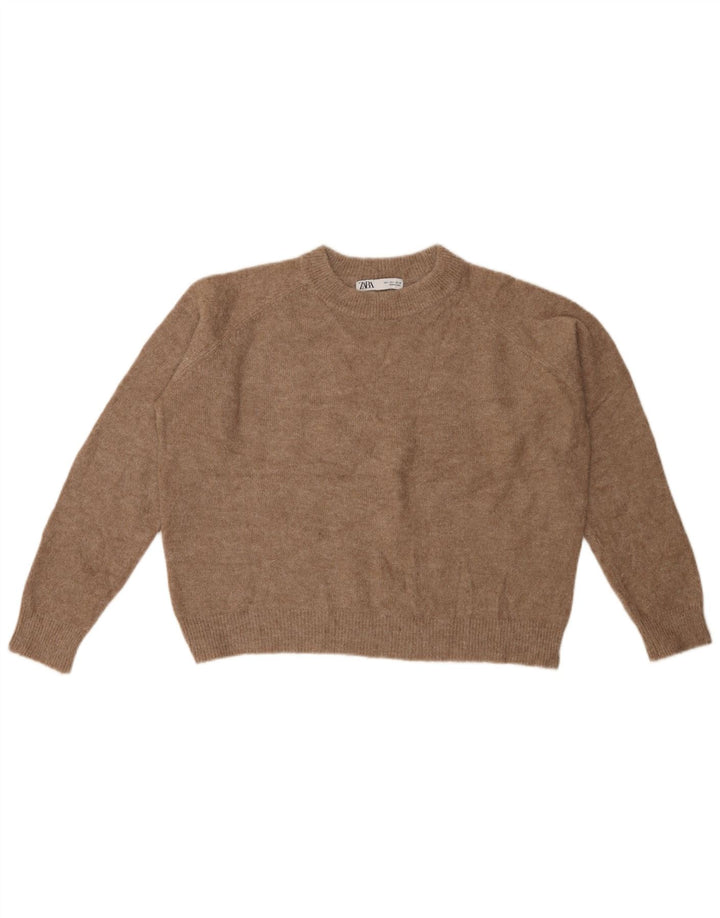ZARA Womens Crop Crew Neck Jumper Sweater UK 16 Large Brown Nylon