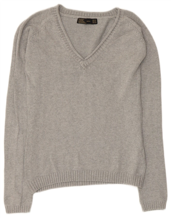 ZARA Womens V-Neck Jumper Sweater UK 12 Medium Grey Cotton