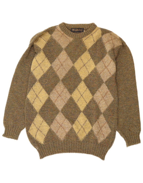 Vintage Mens Crew Neck Jumper Sweater UK 40 Medium Khaki Argyle/Diamond