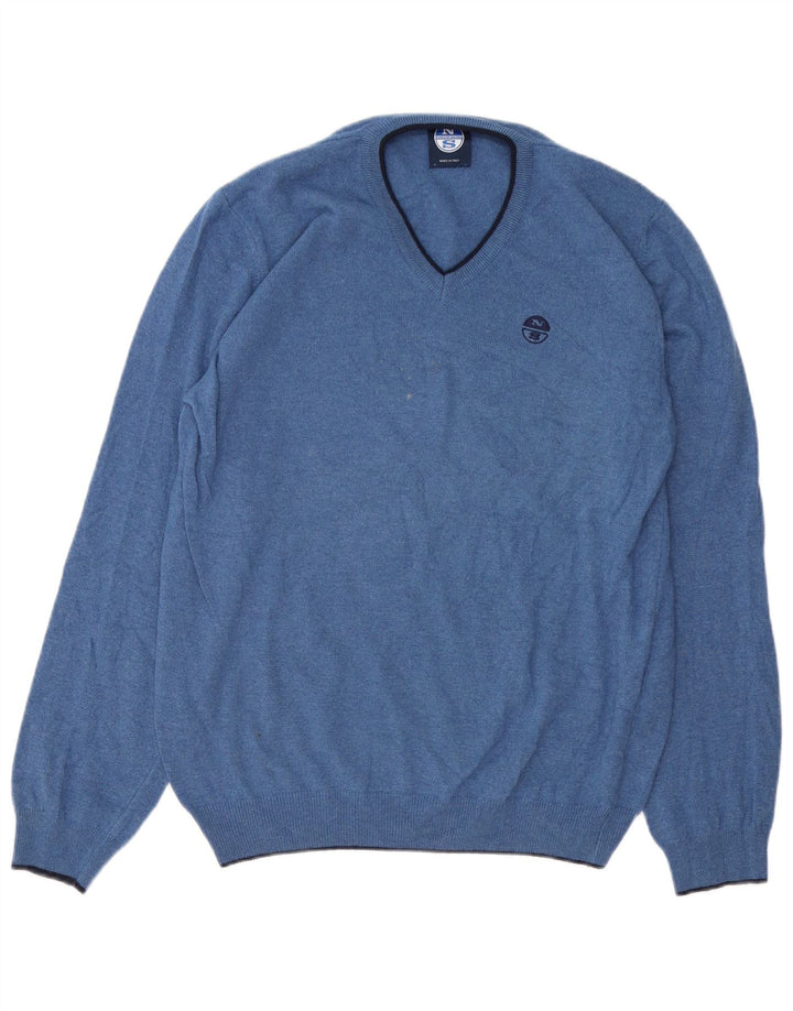 North Sails Mens V-Neck Jumper Sweater Large Blue Polyamide