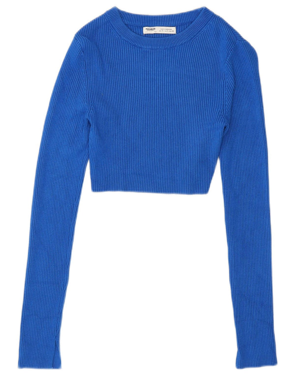 Pull & Bear Womens Crop Boat Neck Jumper Sweater UK 8 Small Blue