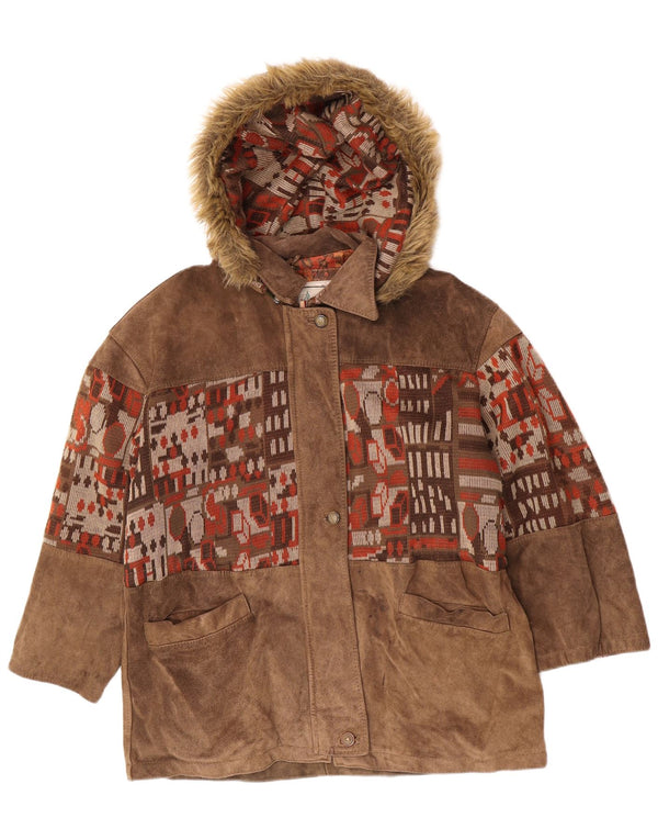 Vintage Womens Suede Oversized Windbreaker Coat IT 46 Large Beige Geometric