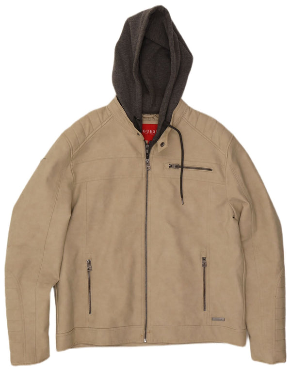 Guess Mens Hooded Faux Leather Racer Jacket UK 42 Large Beige Colourblock