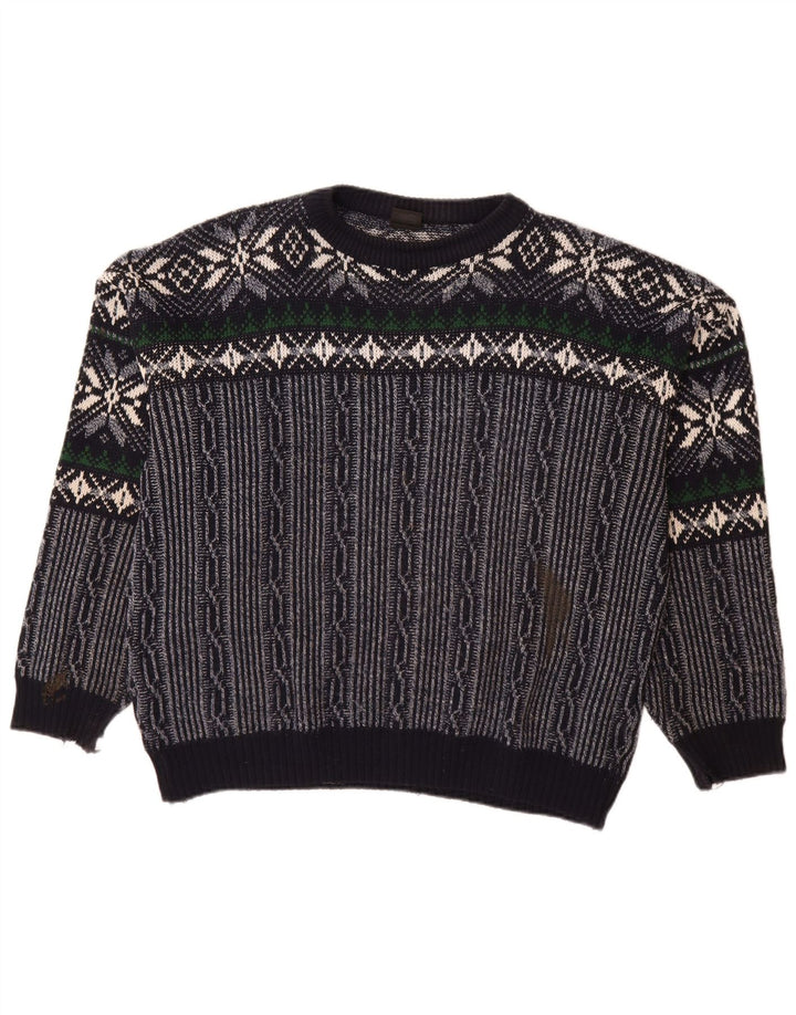 C & A Mens Boat Neck Jumper Sweater Large Navy Blue Fair Isle Polyacrylic