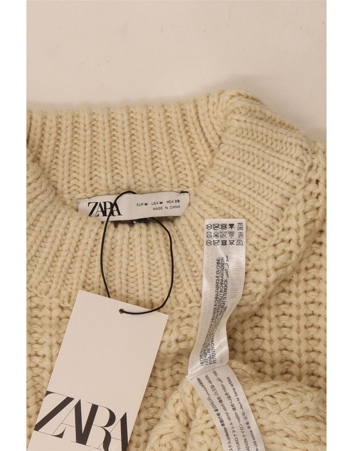 ZARA Womens Crop Turtle Neck Jumper Sweater UK 14 Medium Beige Polyester