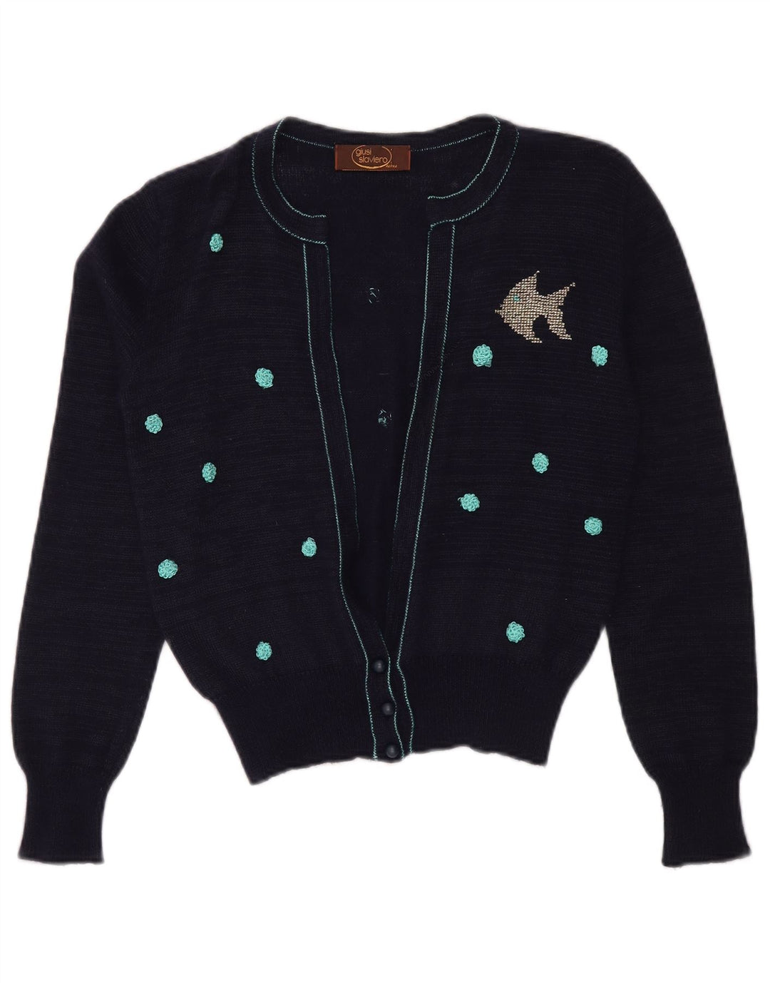 GIUSI SLAVIERO Womens Cardigan Sweater IT 42 Medium Navy Blue Spotted