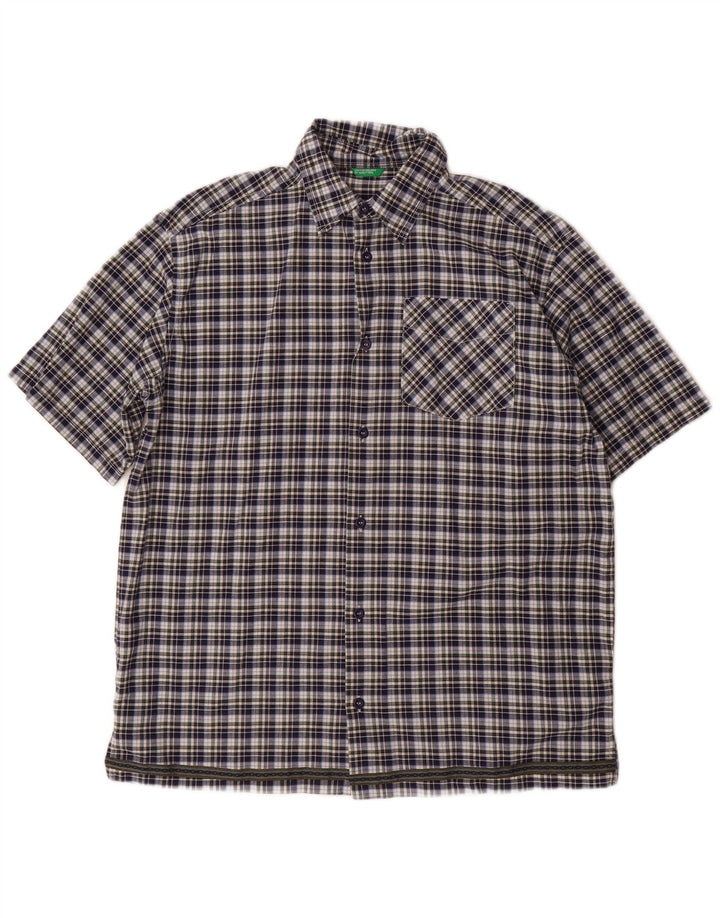 BENETTON Boys Short Sleeve Shirt 11-12 Years XL Navy Blue Check Cotton