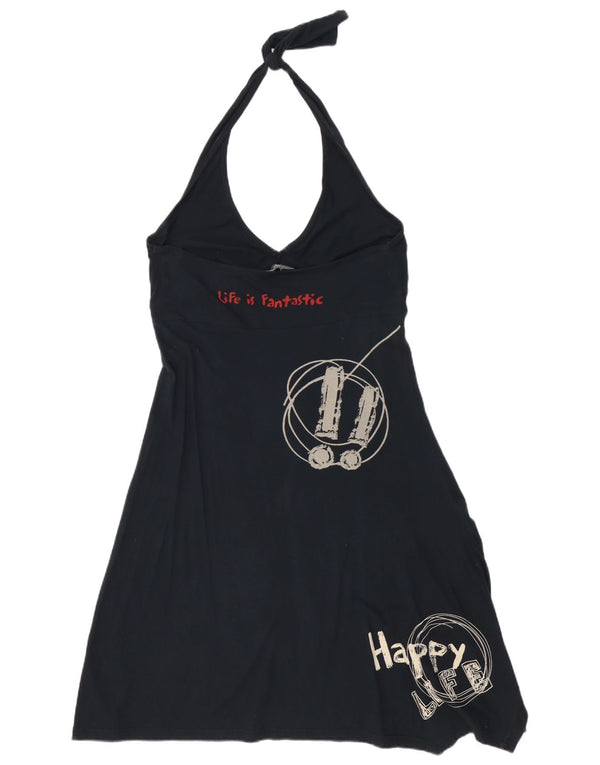 Desigual Womens Graphic Asymmetric Halter Dress UK 18 XL Black Cotton