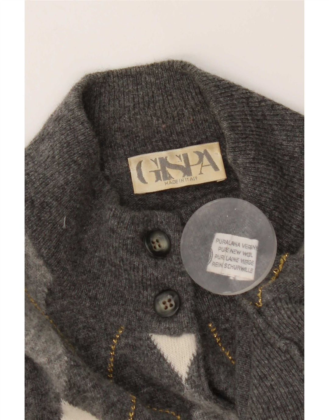 Gispa Womens Cardigan Sweater UK 14 Medium Grey Argyle/Diamond Virgin Wool
