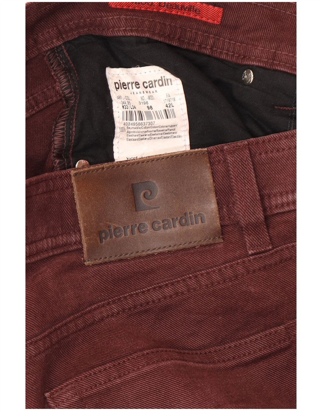 PIERRE CARDIN Mens Straight Jeans W33 L34 Maroon Cotton